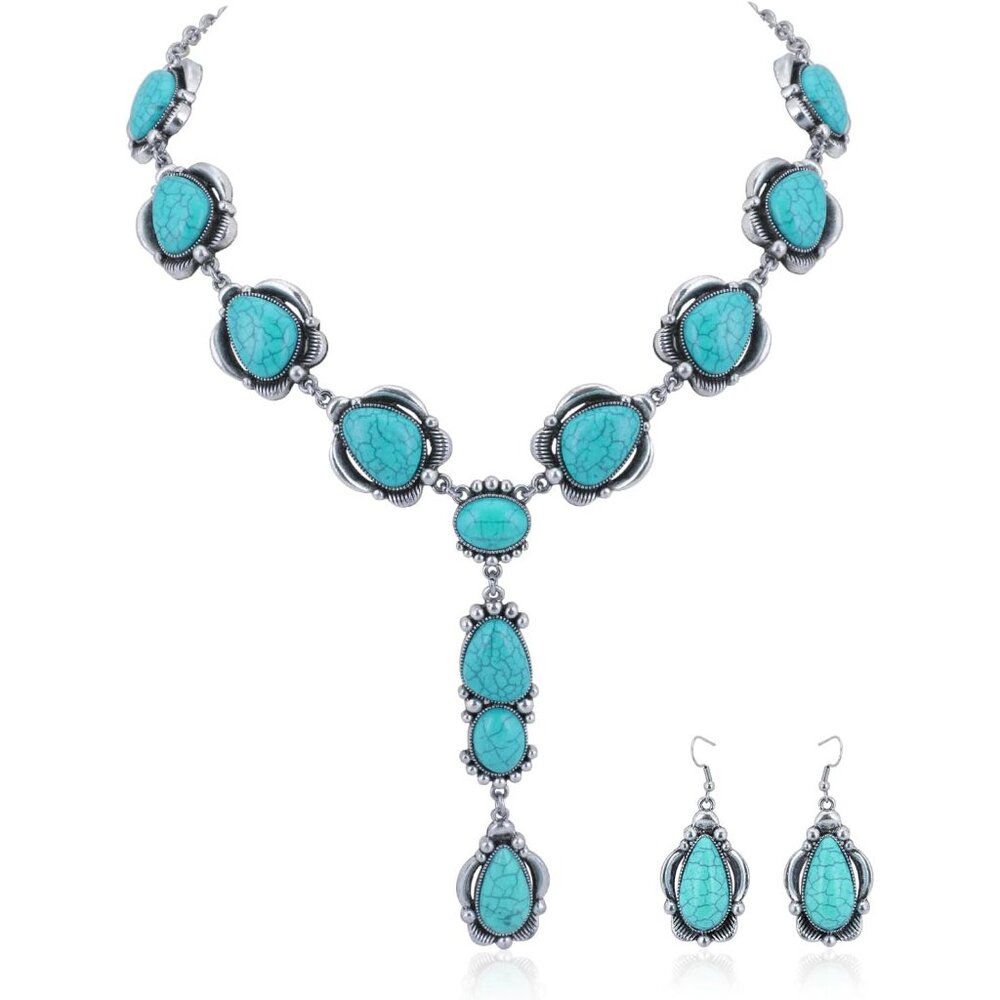 Stylish D-blue Concho Necklace and Earrings Set in Alloy with Turquoise Accents
